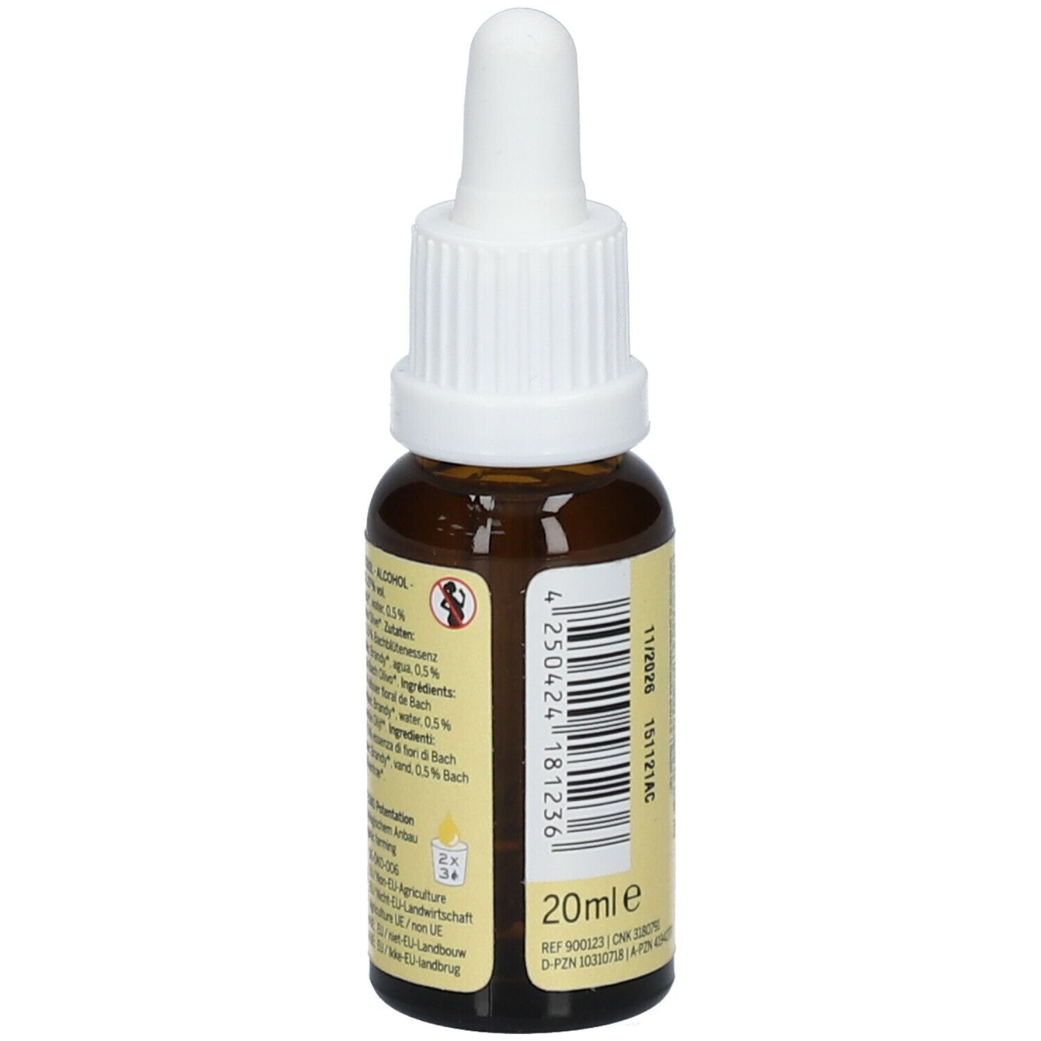 Flacon en verre brun avec bouchon blanc et pipette. Étiquette avec texte et code-barres. Inscription: 20ml e, Lemon Pharma, Original Olive Flower Essence.