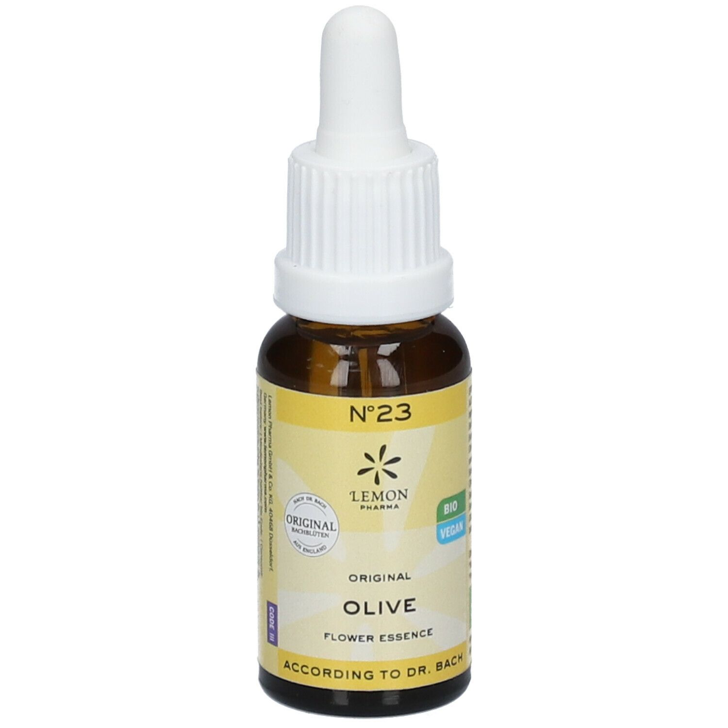 Flacon en verre brun avec bouchon blanc et pipette. Étiquette avec texte: Original Olive Flower Essence, Nr. 23, Lemon Pharma, Bio Vegan.