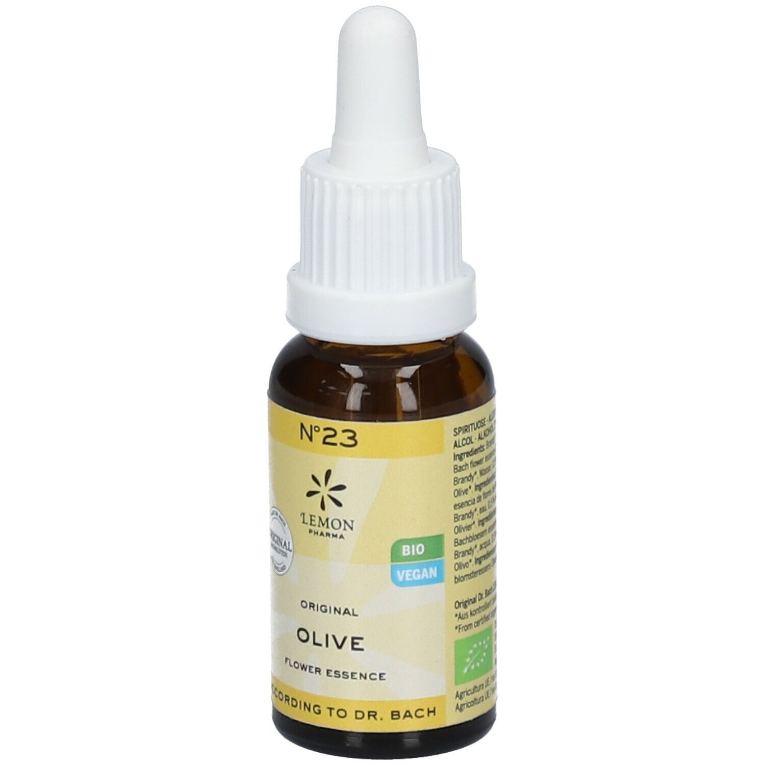 Flacon en verre brun avec bouchon blanc et pipette. Étiquette avec texte: Original Olive Flower Essence, Nr. 23, Lemon Pharma, Bio Vegan.