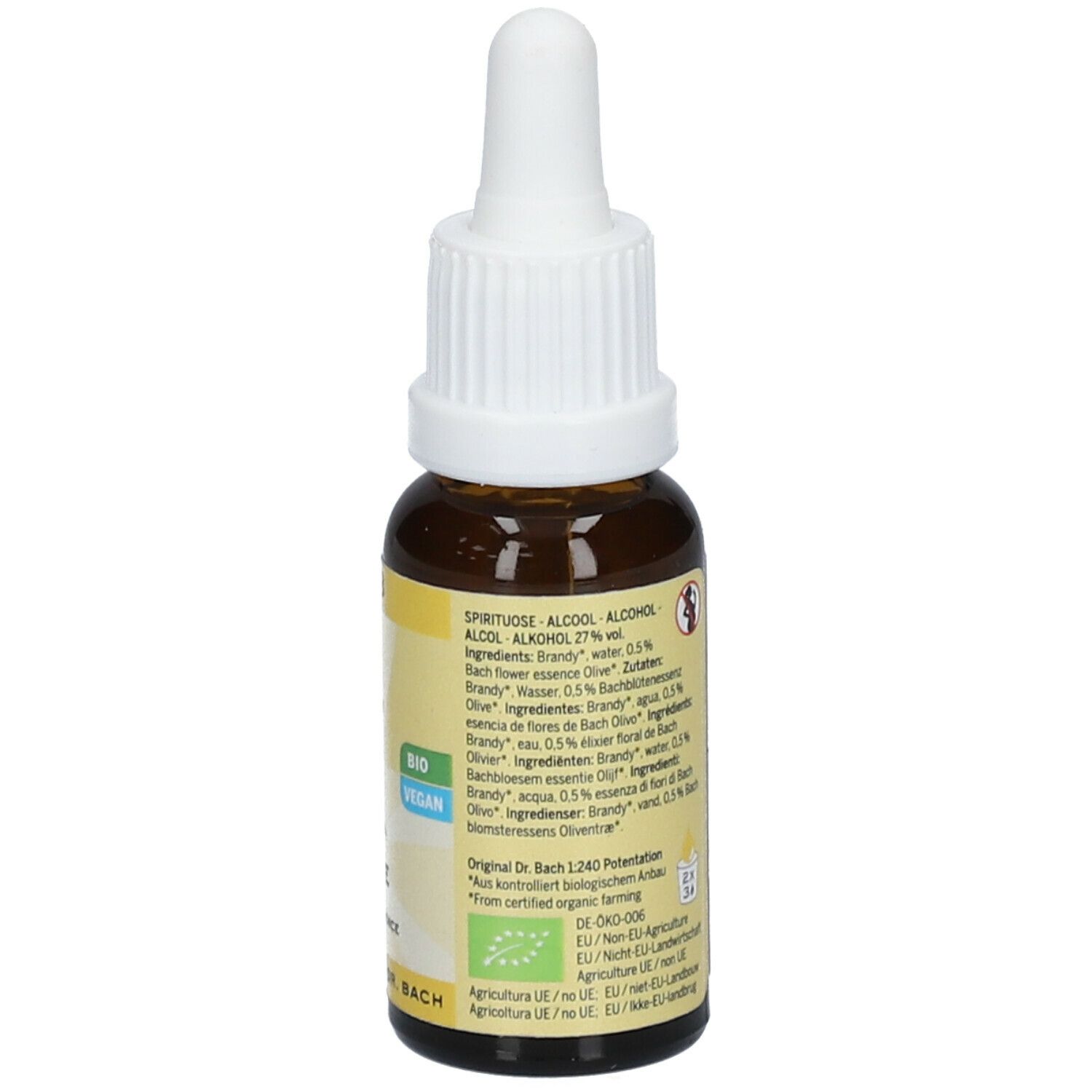 Flacon en verre brun avec bouchon blanc et pipette. Étiquette avec texte: Original Olive Flower Essence, Bio Vegan, ingrédients.