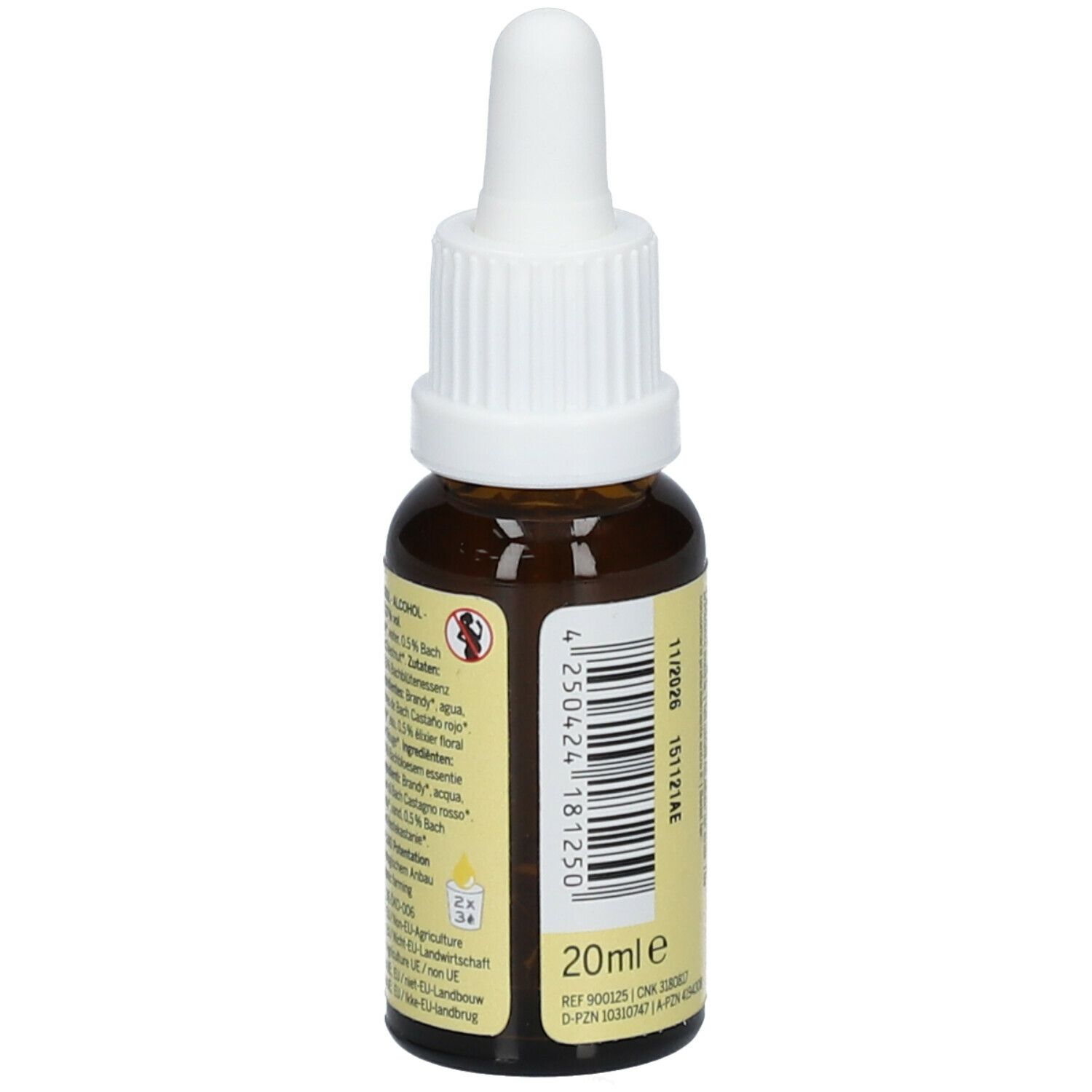 Braune Glasflasche mit weißem Tropfer. Aufschrift: Original Red Chestnut Flower Essence. Mit Bio-Siegel und Vegan-Logo. 20ml.