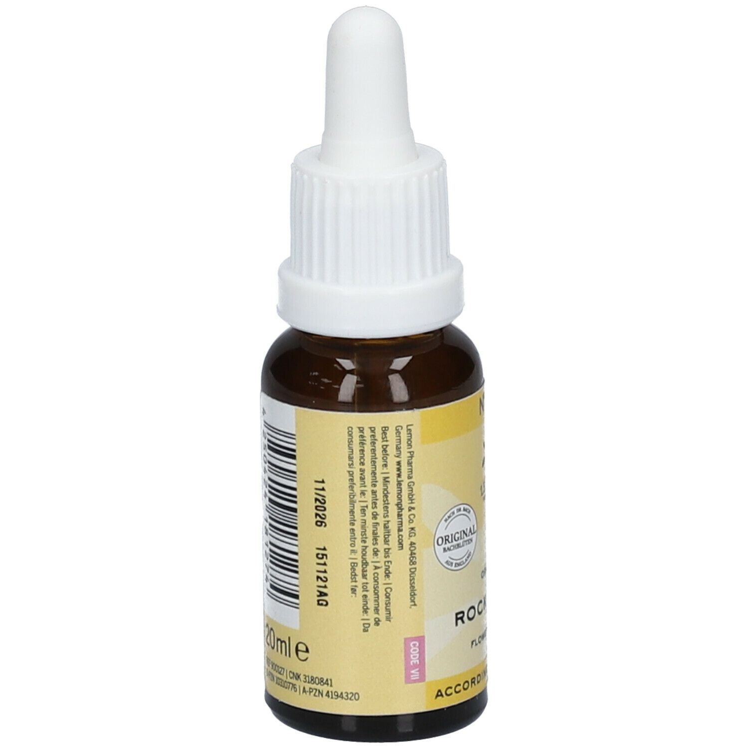 Braune Glasflasche mit weißem Tropfer. Rückseite mit Etikett, Text und Verfallsdatum 11/2026.  20ml.