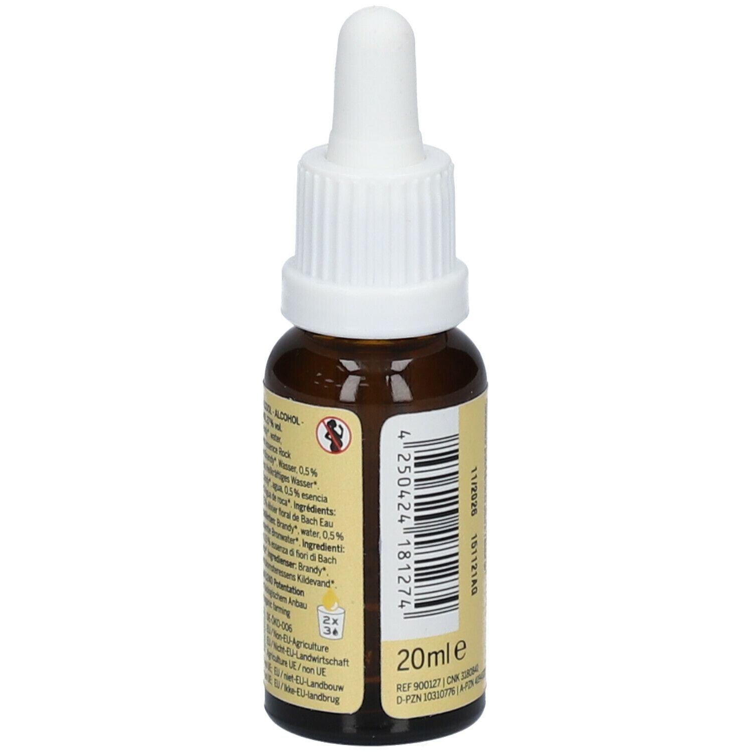 Braune Glasflasche mit weißem Tropfer. Rückseite mit Etikett, Text und Inhaltsstoffen. 20ml.