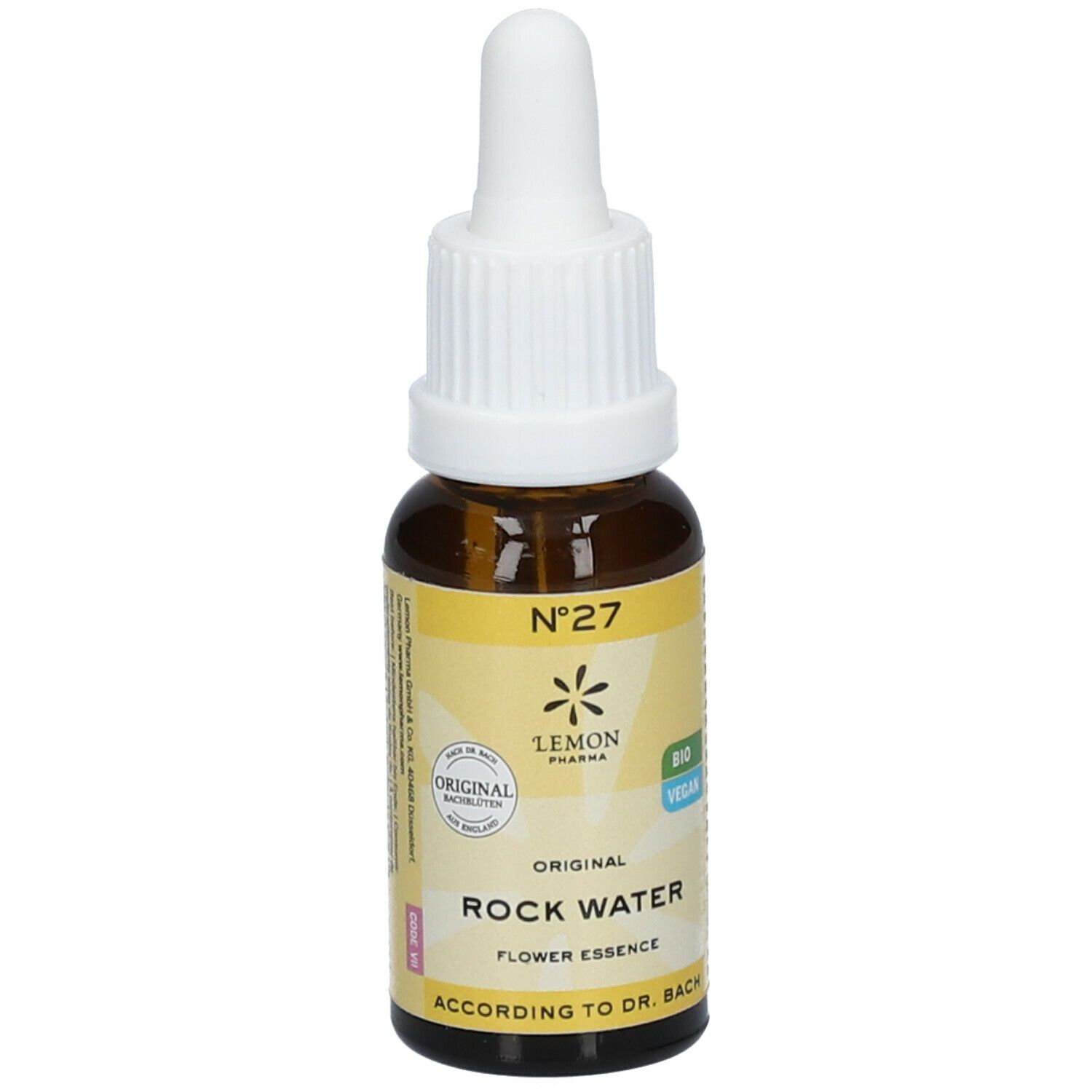 Braune Glasflasche mit weißem Tropfer. Gelbes Etikett mit Text: Rock Water, Nr. 27, Lemon Pharma, Bio, Vegan.