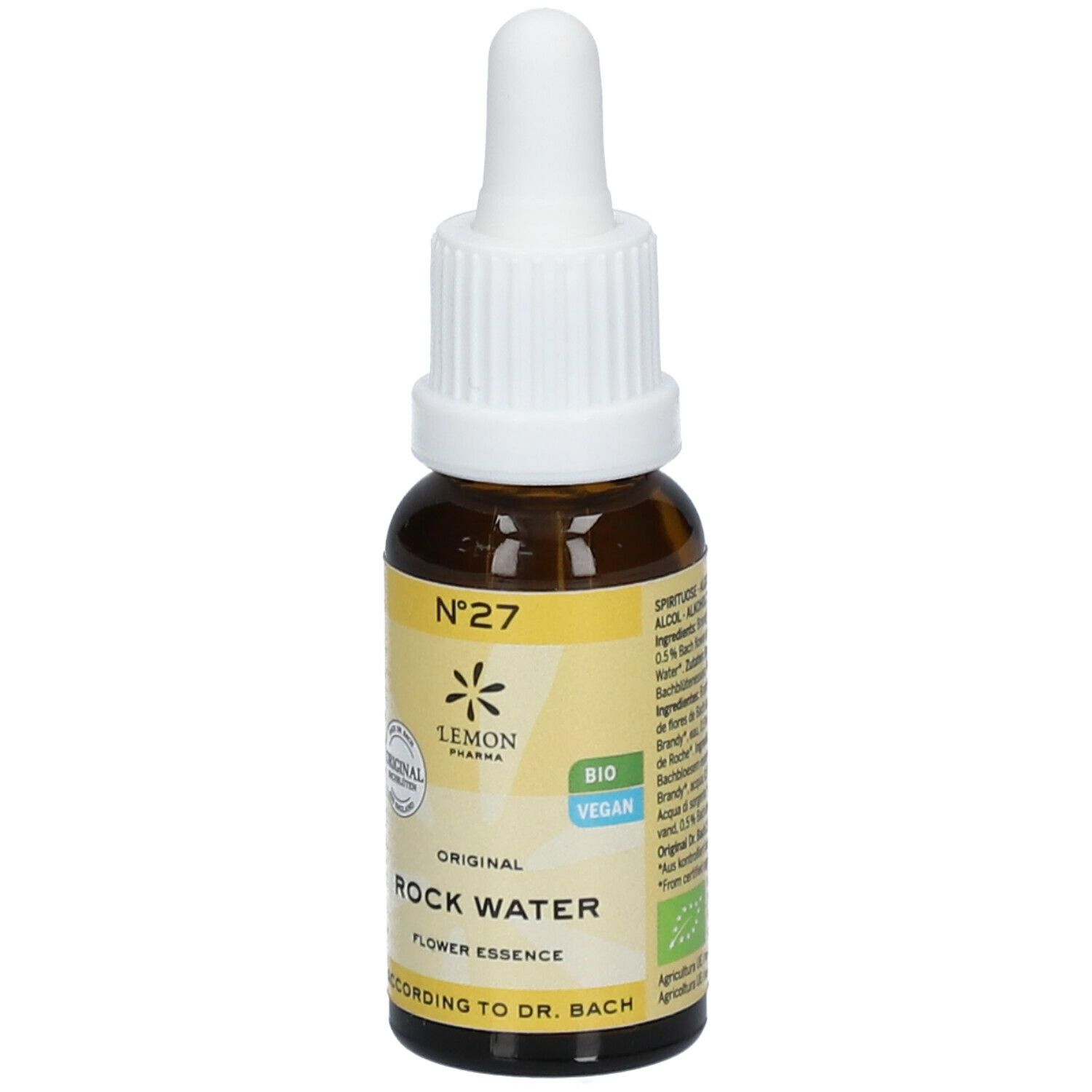 Braune Glasflasche mit weißem Tropfer. Gelbes Etikett mit Text: Rock Water, Nr. 27, Lemon Pharma, Bio, Vegan.