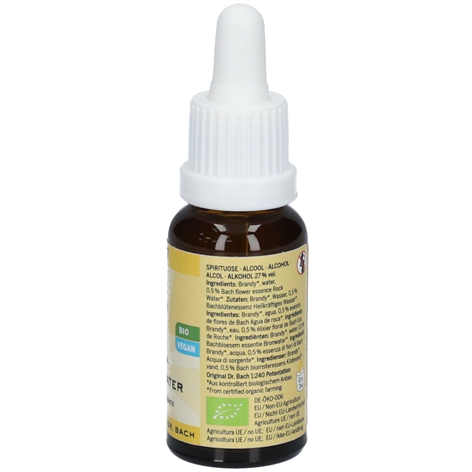 Braune Glasflasche mit weißem Tropfer. Rückseite mit Etikett, Text, Inhaltsstoffen und Bio-Siegel. 20ml.