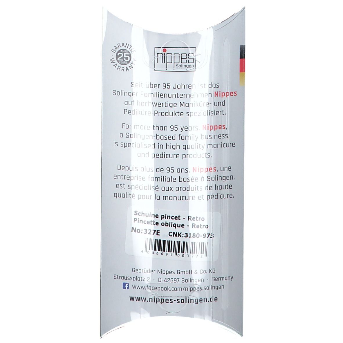 Rückseite der Verpackung mit Text und Logo. Marke: nippes. Produkt: Pinzette abgeschrägt - Retro.