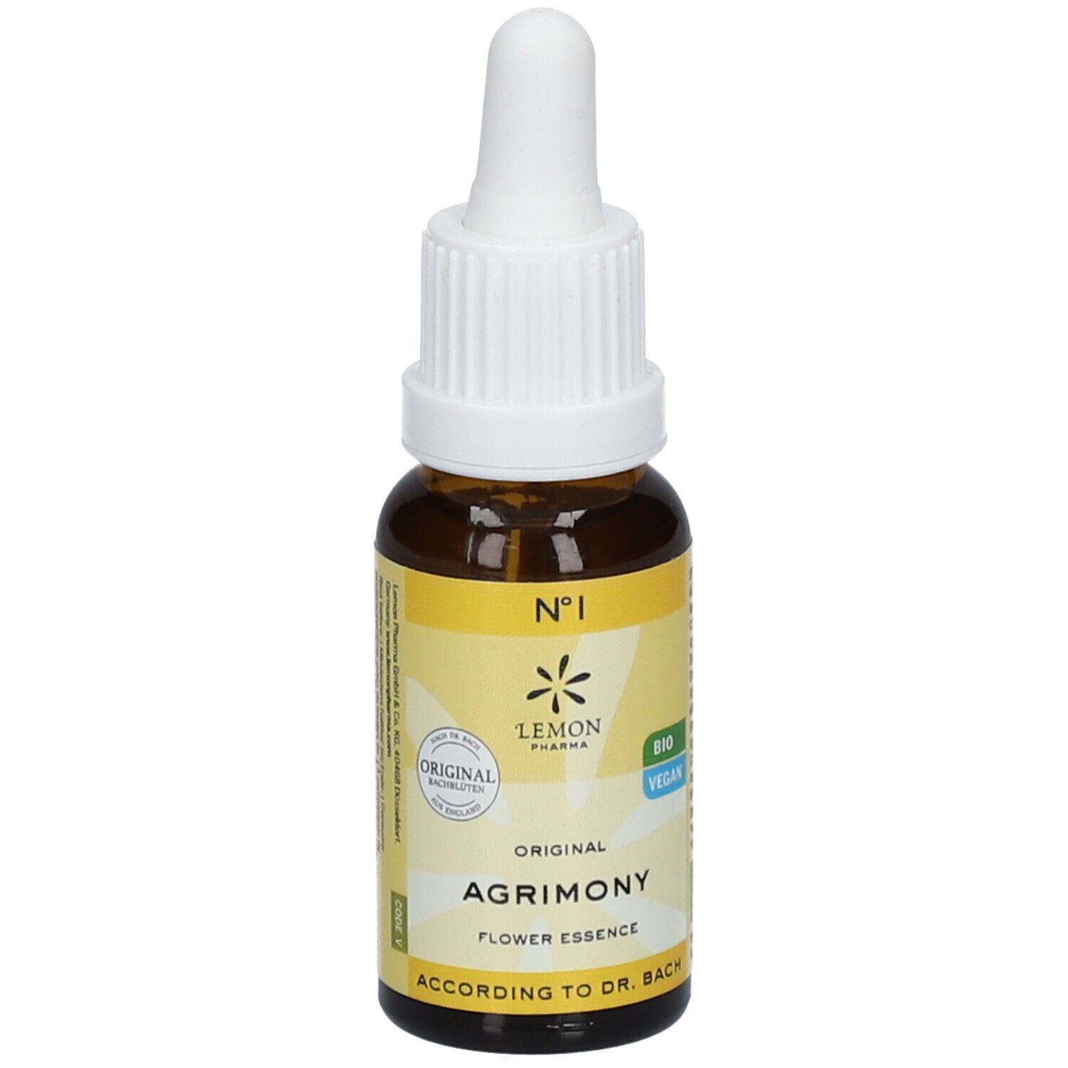 Flacon en verre brun avec bouchon blanc. Étiquette avec texte: Agrimony, Flower Essence, Lemon Pharma, Bio, Vegan.