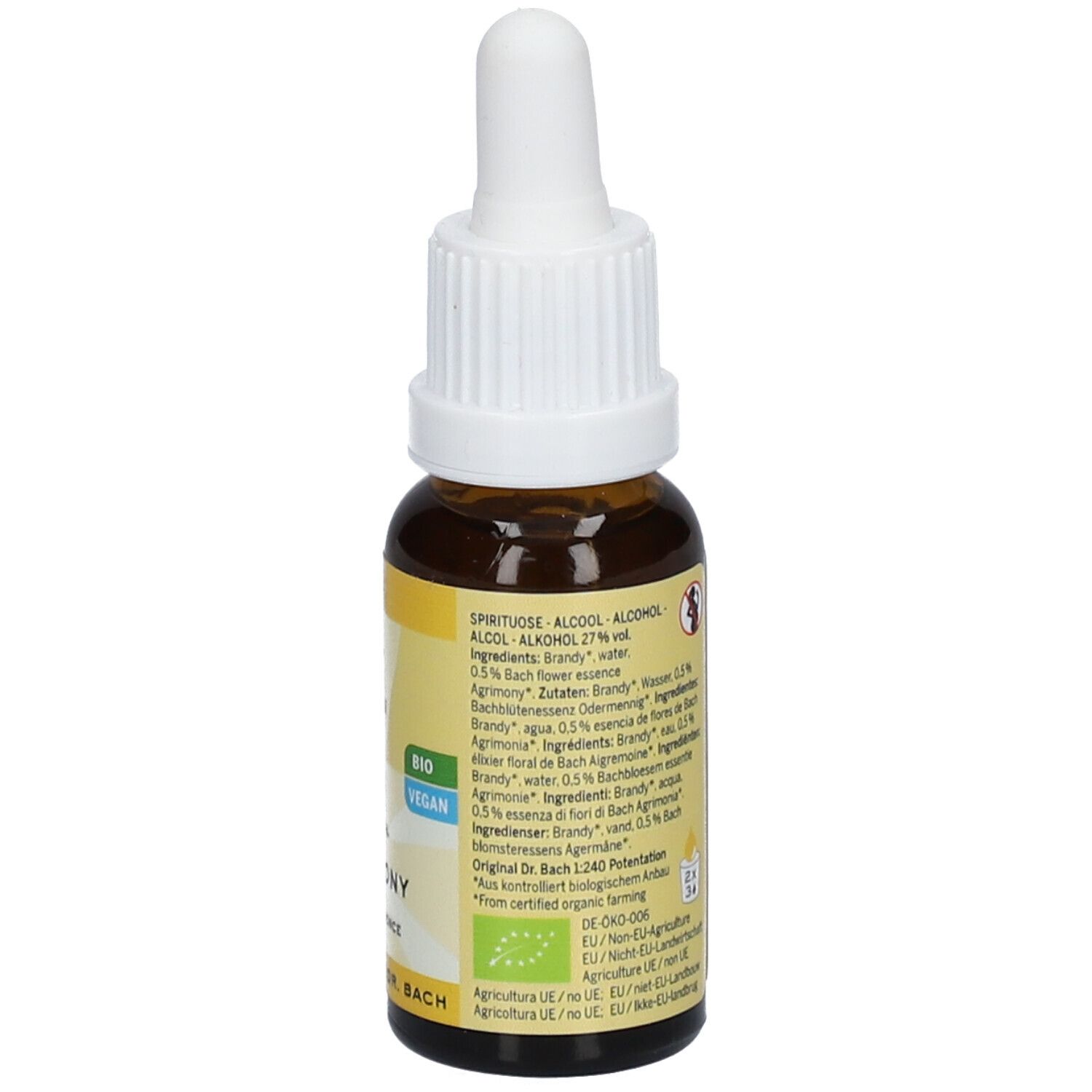 Flacon en verre brun avec bouchon blanc. Étiquette avec texte: Agrimony, Flower Essence, Lemon Pharma, Bio, Vegan.