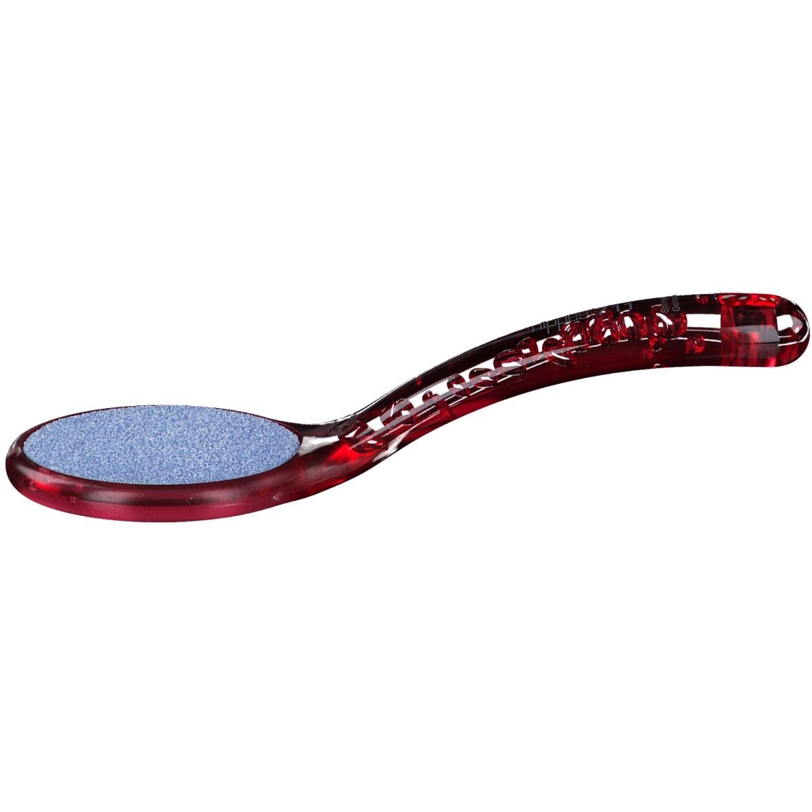 Lime à pieds avec surface abrasive ovale bleue et manche rouge transparent. La lime a une forme incurvée.