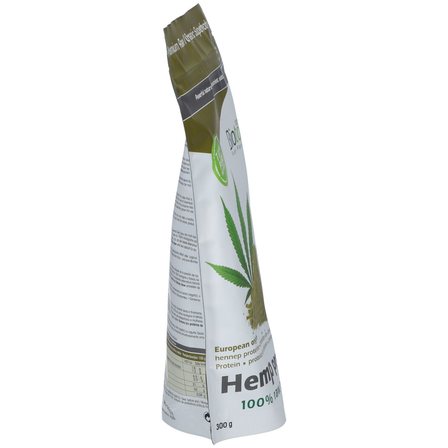 Vue latérale du sachet de protéine de chanvre. Marque Biotona. Texte : Hemp protein, 100% raw powder. Vert et blanc.