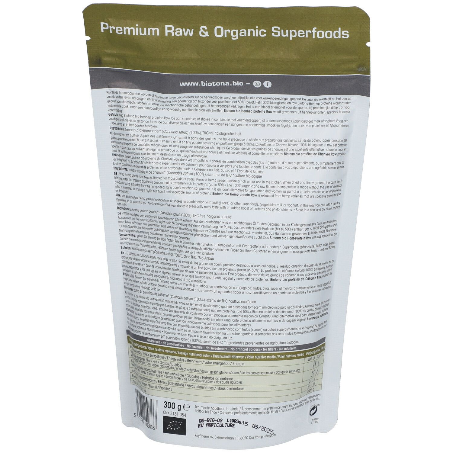 Dos du sachet de protéine de chanvre. Marque Biotona. Texte et informations nutritionnelles. Vert et blanc.