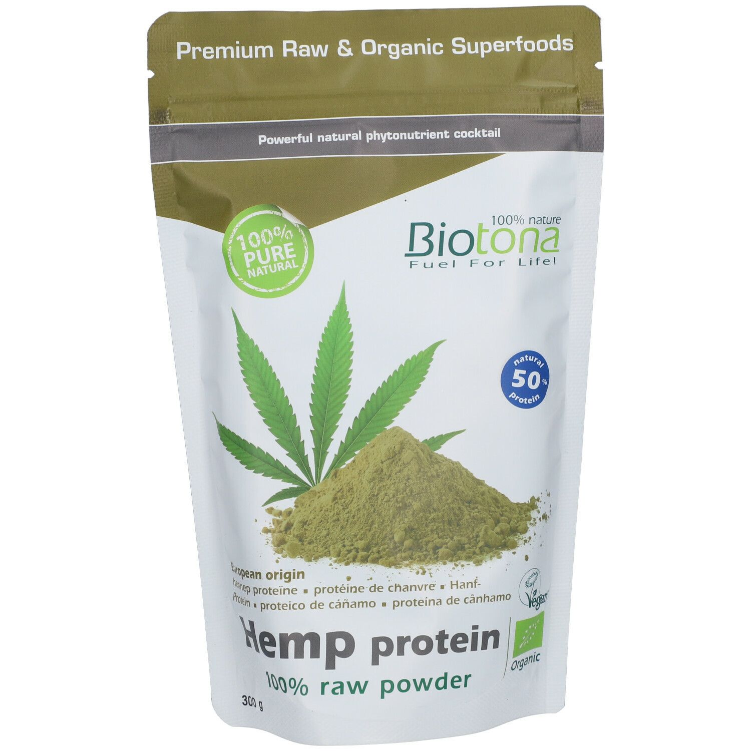 Sachet de poudre de protéine de chanvre. Marque Biotona. Inscriptions : 100% Pure Natural, 50% protéine, Organic. Vert et blanc.