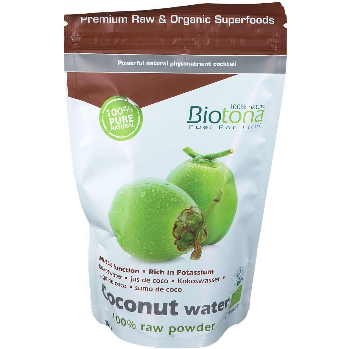 Zakje kokoswaterpoeder. Opschrift: Biotona, 100% raw, bio-certificering. Afbeelding van kokosnoten.