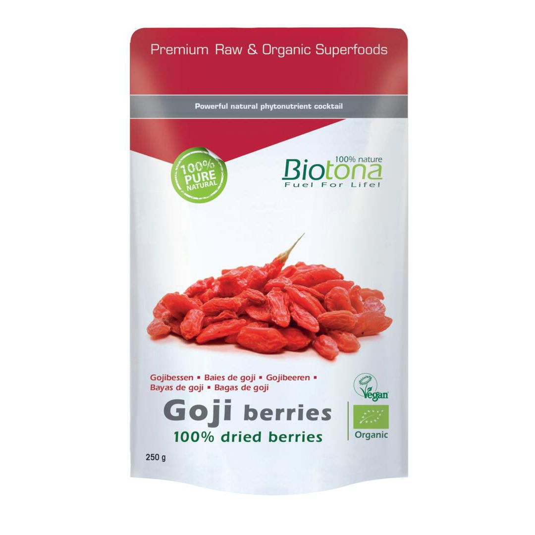 Sachet de baies de goji. Inscription : Biotona, Goji berries, 100% dried berries. Label bio. Label vegan.
