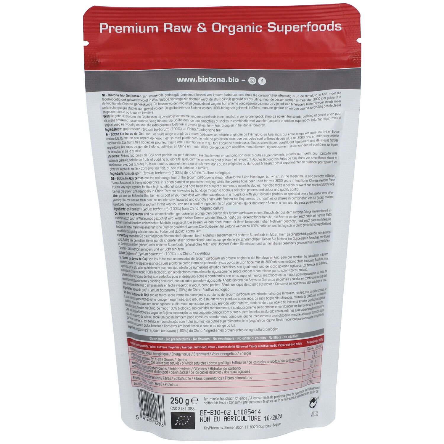 Dos du sachet de baies de goji. Texte multilingue. Inscription : Biotona. Label bio. 250g.