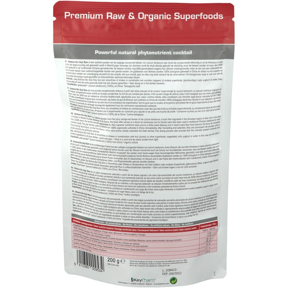 Dos du paquet Biotona Goji Raw Bio. Texte et informations nutritionnelles sur fond blanc. 200g.