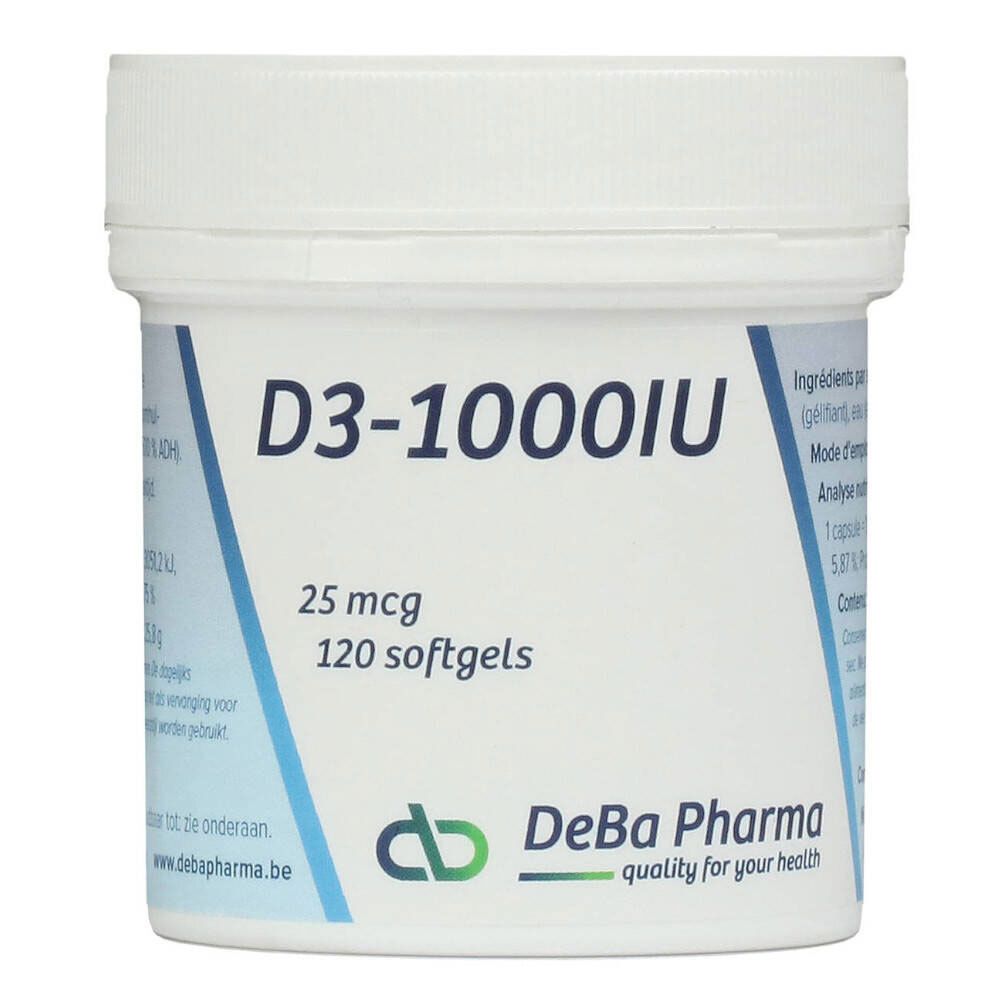 Witte pot met opschrift D3-1000IU, 25 mcg, 120 softgels. DeBa Pharma logo.