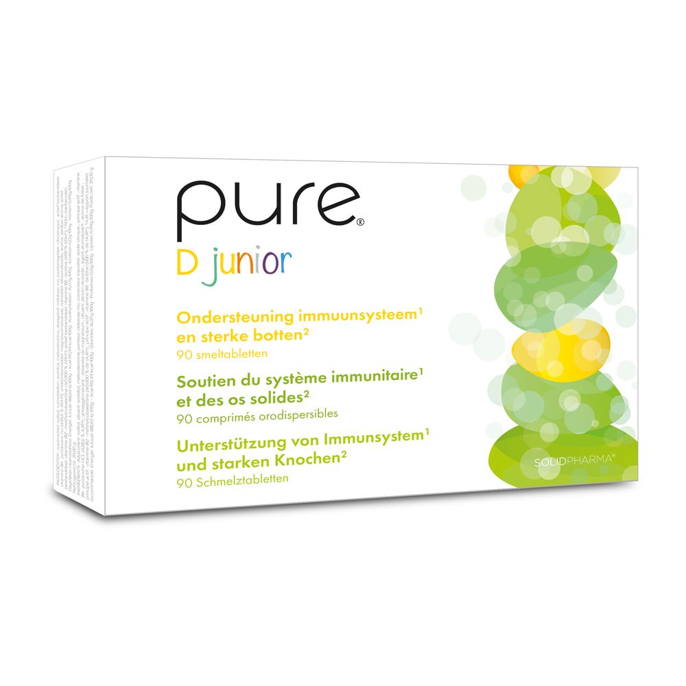 Rückseite der "pure D junior"-Schachtel. Text in Deutsch, Französisch und Niederländisch. Grün-gelbes Design.