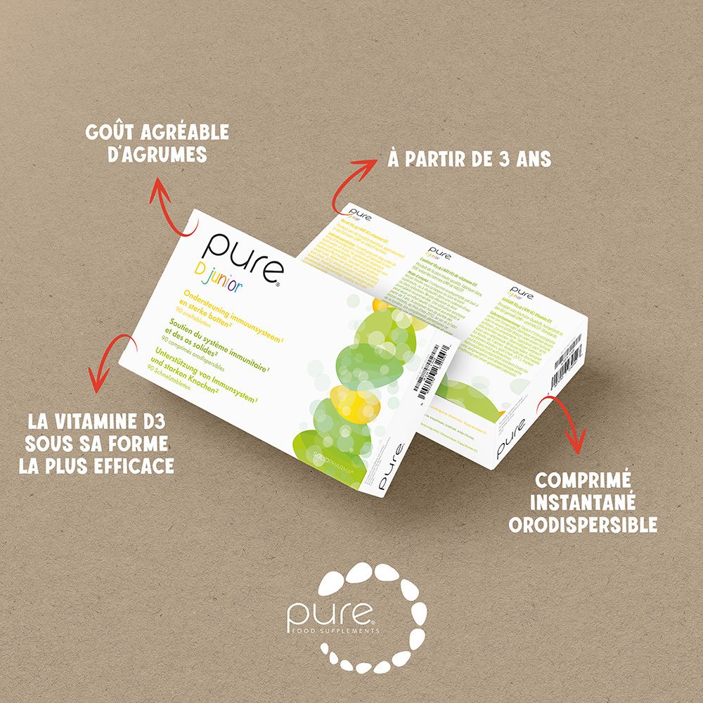 Boîte "pure® D junior" en vue oblique. Dos avec texte multilingue.