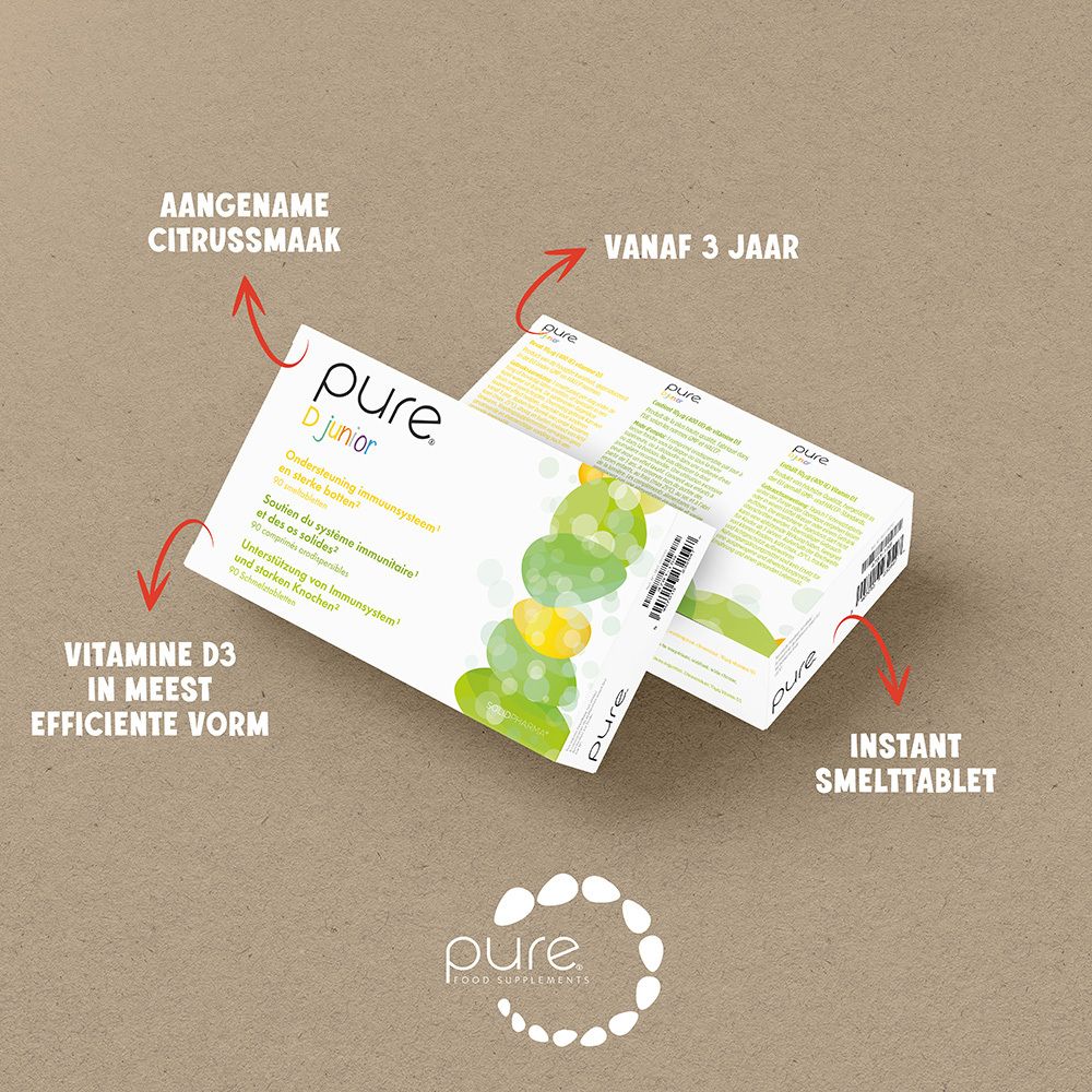 Witte doos met "pure® D junior" logo en groene elementen. Bevat 90 smelttabletten.