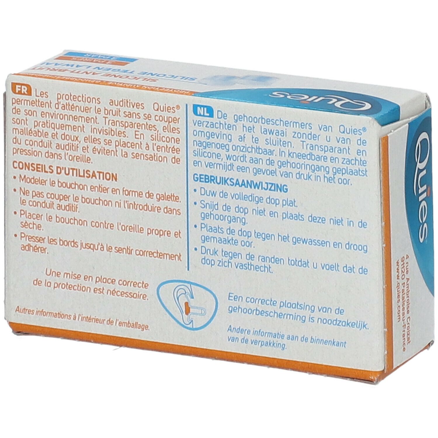 Dos de la boîte de protections auditives Quies. Texte en français et néerlandais. Instructions et avertissements.