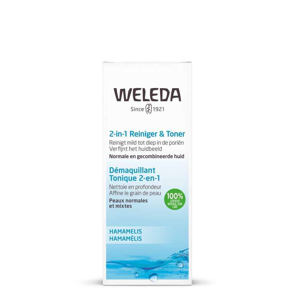 Emballage blanc avec inscription: WELEDA, 2-en-1 Nettoyant & Tonique, Démaquillant Tonique 2-en-1. Pour peaux normales et mixtes. Ingrédients 100% naturels.