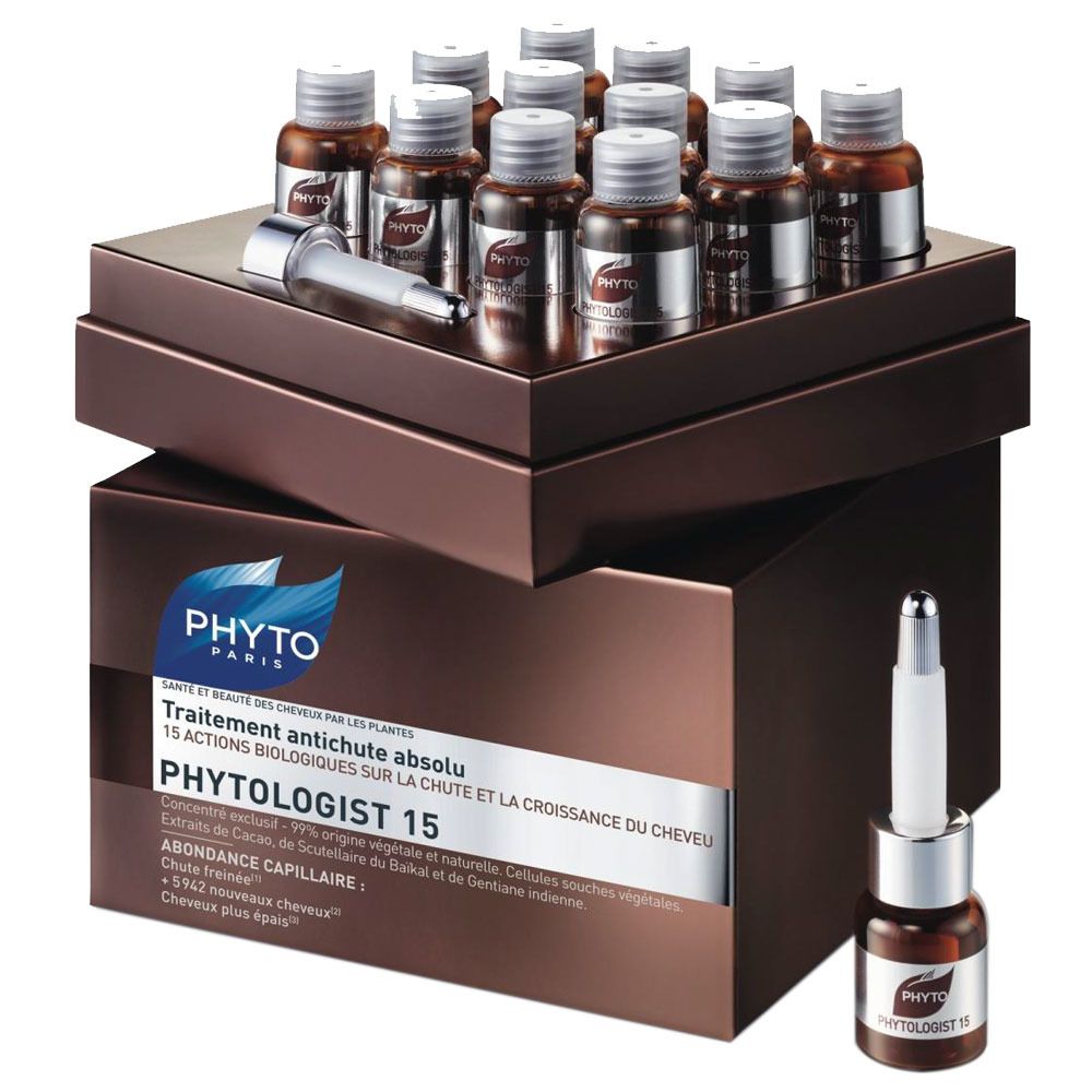 Boîte marron avec flacons. Inscription: PHYTOLOGIST 15. Une ampoule seule à côté.