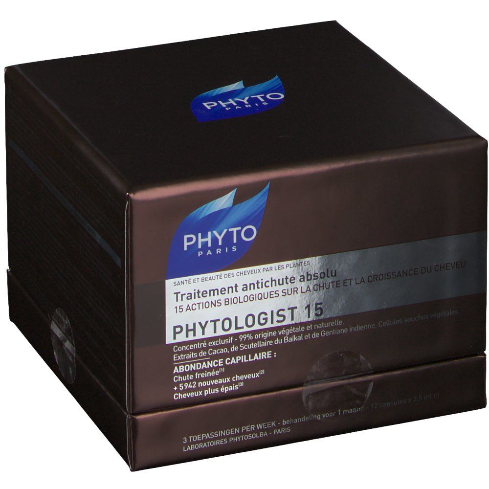 Boîte marron. Inscription: PHYTOLOGIST 15. Texte sur le traitement et les résultats.