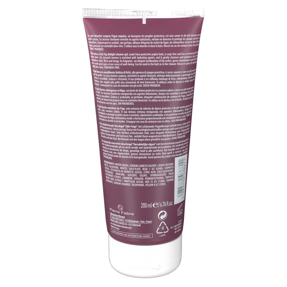 Dos du tube de gel douche. Bordeaux, bouchon blanc. Texte et logo.