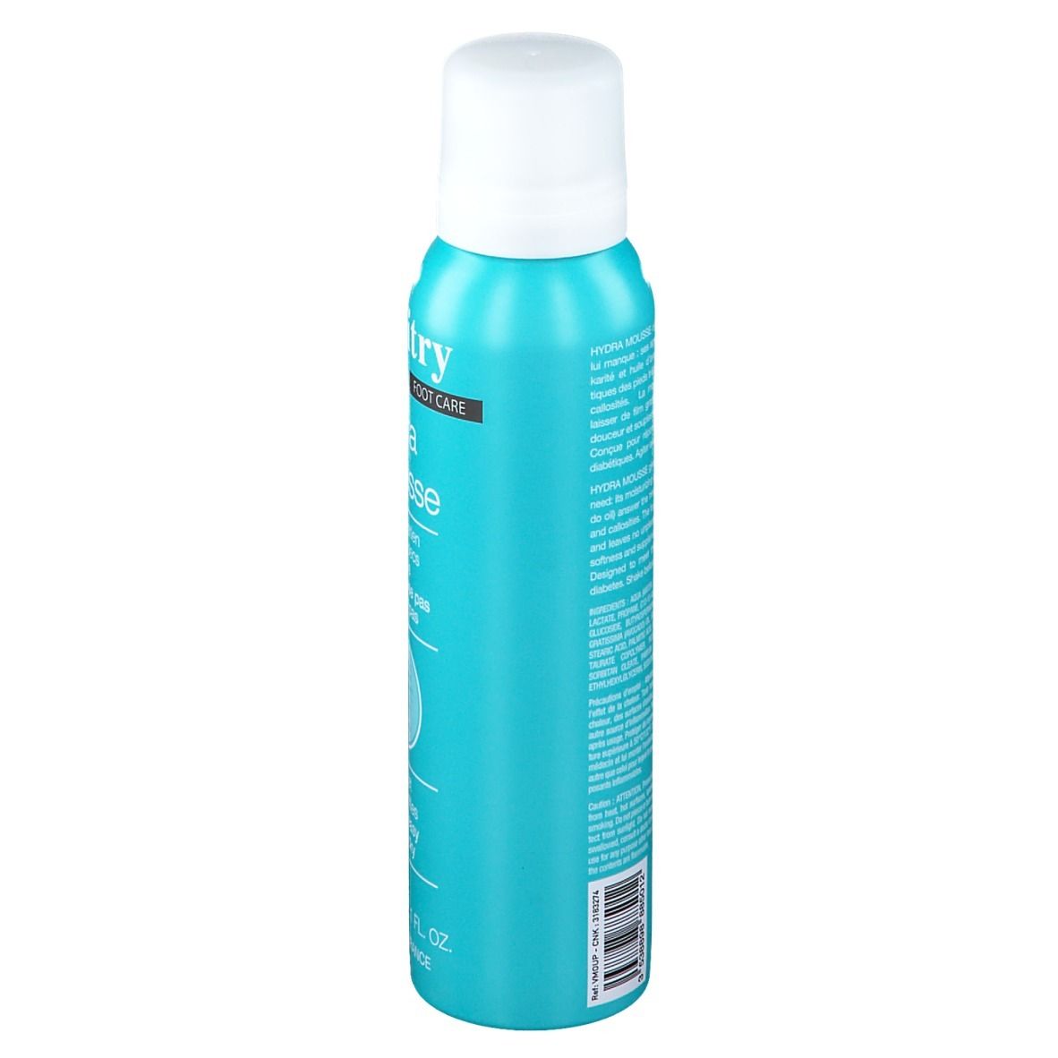 Flacon spray bleu turquoise, bouchon blanc. Dos avec texte multilingue et code-barres.