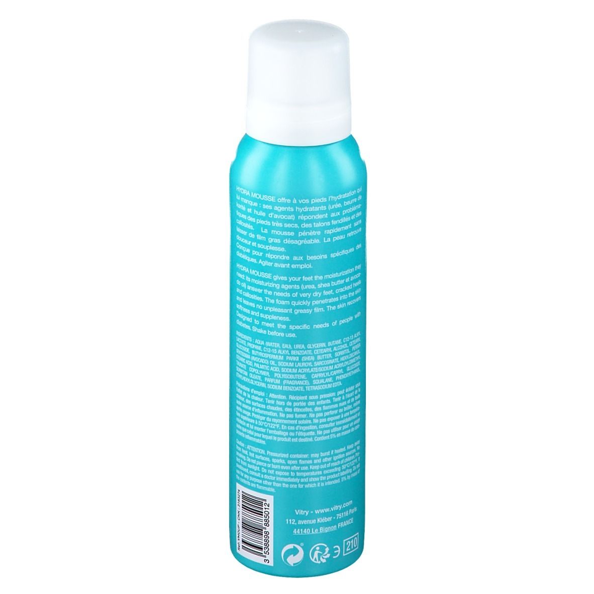 Flacon spray bleu turquoise, bouchon blanc. Dos avec texte multilingue et code-barres.