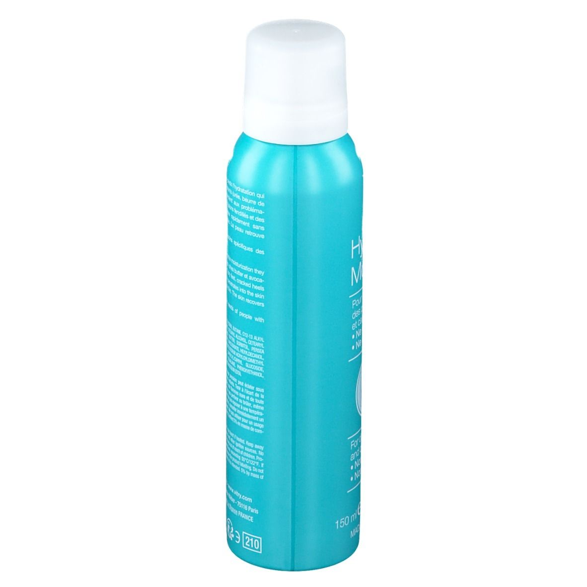 Flacon spray bleu turquoise, bouchon blanc. Dos avec texte multilingue et code-barres.