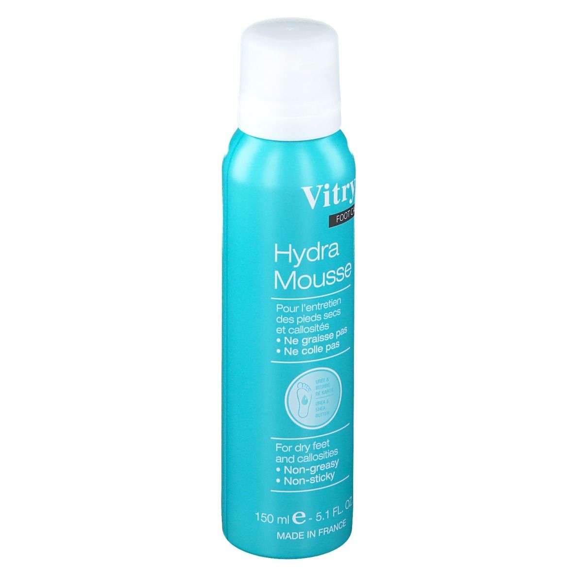 Flacon spray bleu turquoise, bouchon blanc. Inscription : Vitry Hydra Mousse. Pour pieds secs et callosités.