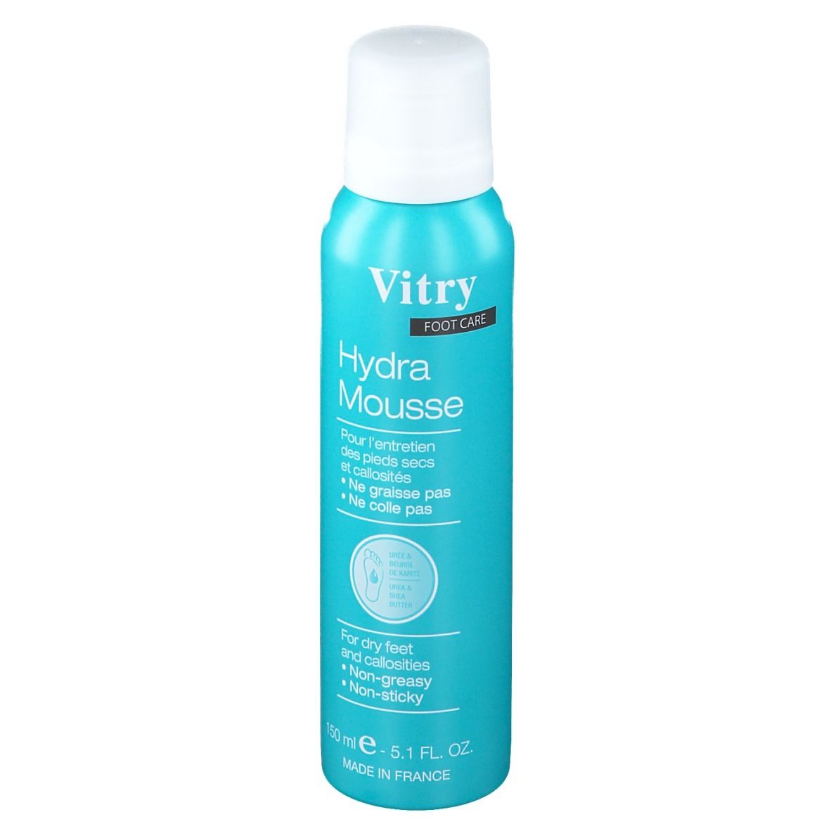 Flacon spray bleu turquoise, bouchon blanc. Inscription : Vitry Hydra Mousse. Pour pieds secs et callosités.
