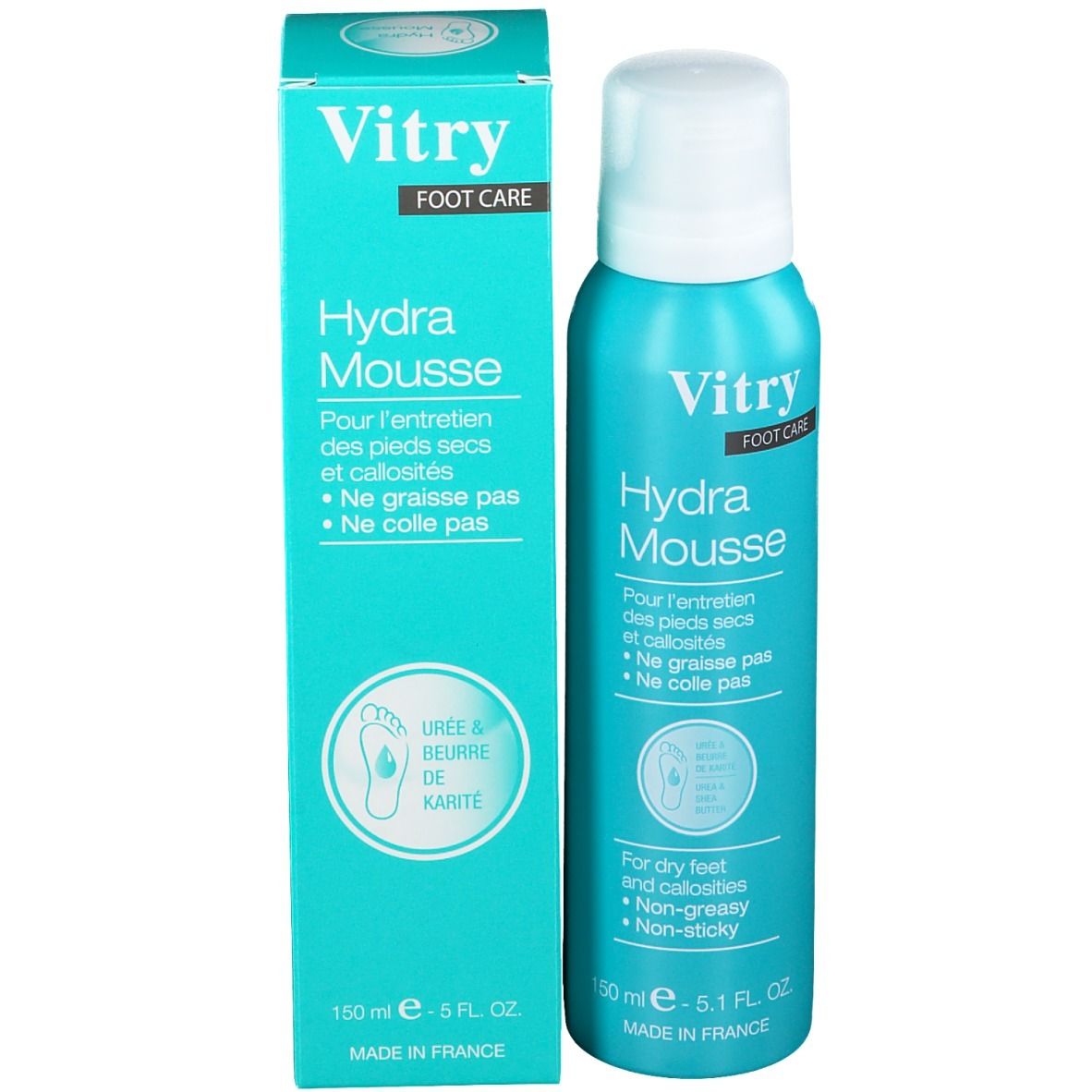 Flacon spray et boîte turquoise. Inscription : Vitry Hydra Mousse. Pour pieds secs et callosités. Avec beurre de karité.