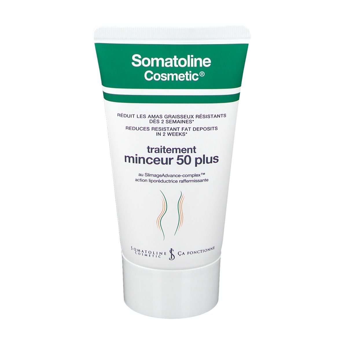 Tube de crème blanc et vert. Inscription: Somatoline Cosmetic, traitement minceur 50 plus. Silhouette schématique.