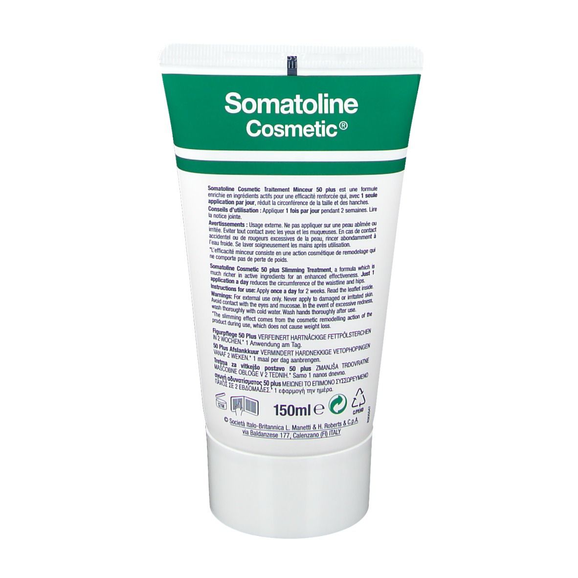 Dos du tube de crème. Texte multilingue. Inscription: Somatoline Cosmetic. Volume: 150ml.