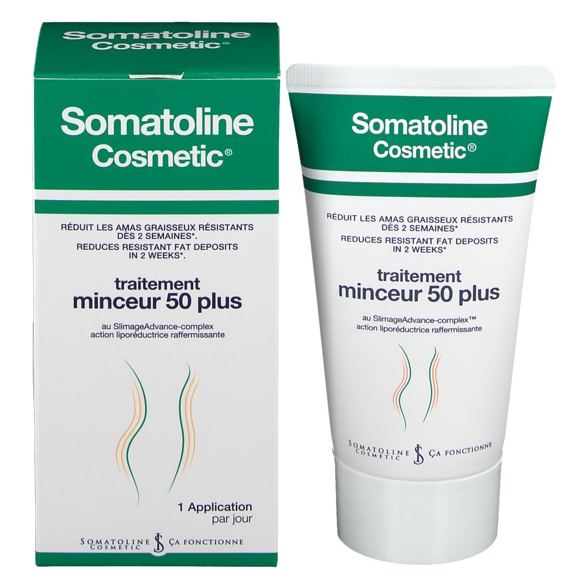 Emballage du produit avec tube et boîte. Inscription: Somatoline Cosmetic, traitement minceur 50 plus. Silhouette.