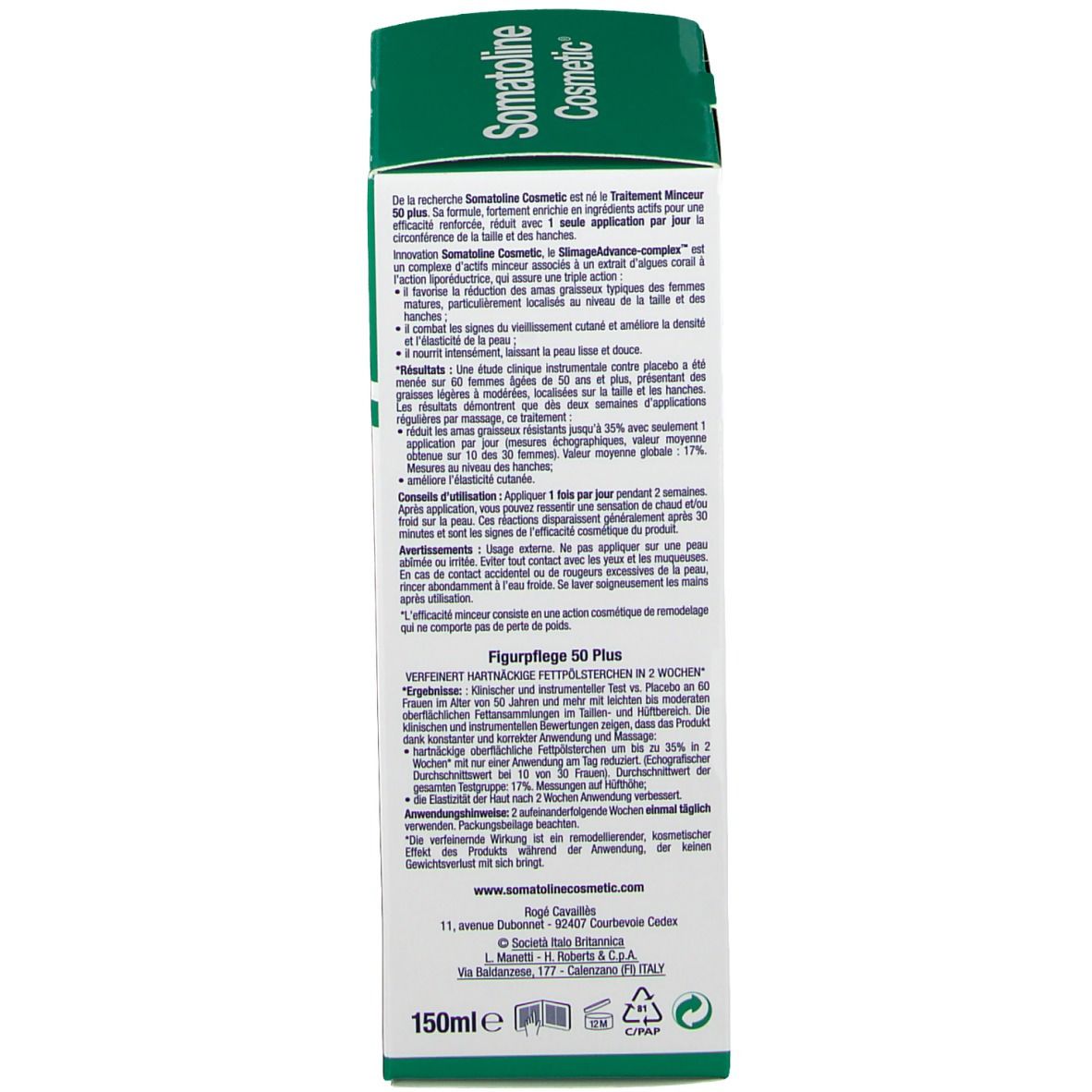 Dos de l'emballage en carton. Texte multilingue. Inscription: Somatoline Cosmetic. Informations sur le produit.