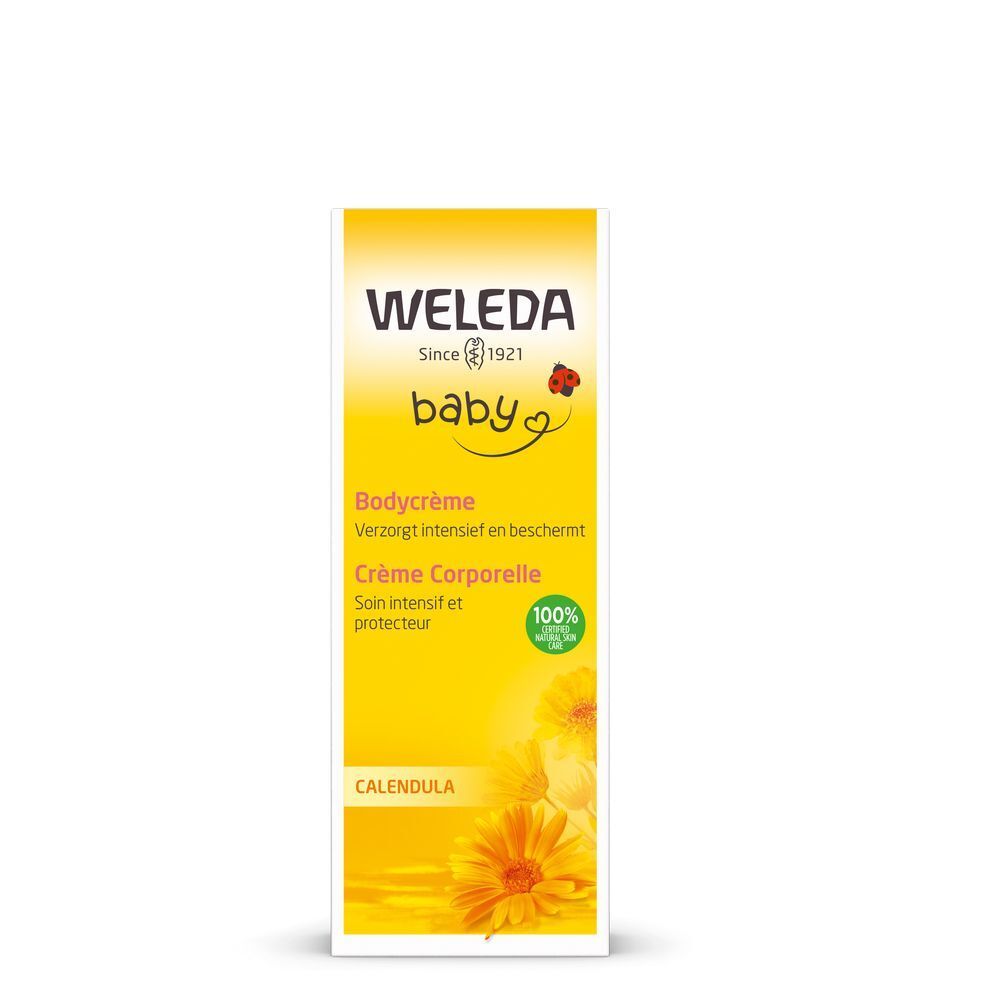 Emballage jaune avec texte blanc: Weleda Baby Crème Corporelle. Avec label bio et illustration de calendula.
