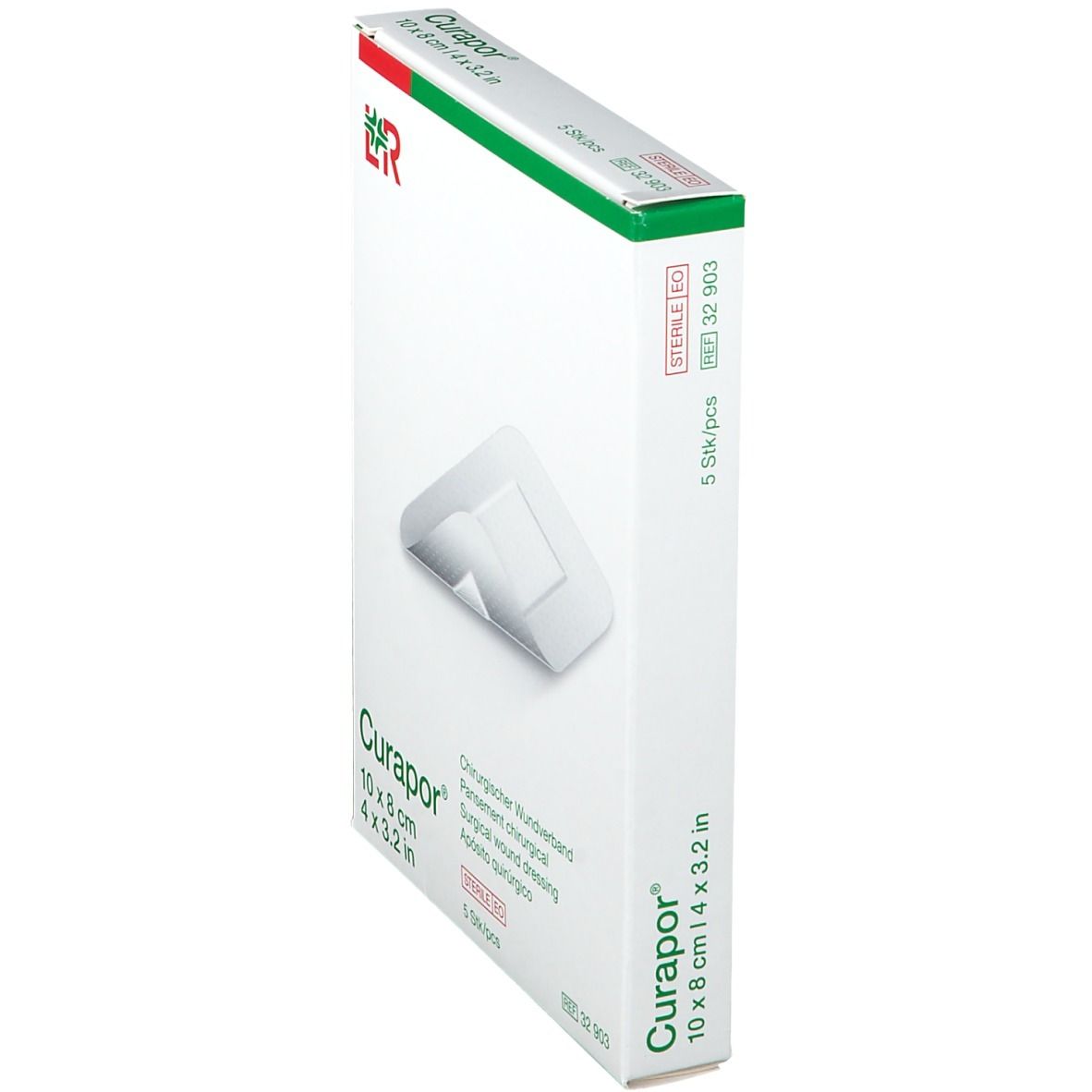 Zijaanzicht van Curapor® verpakking. Opschrift: 10 x 8 cm, steriel.