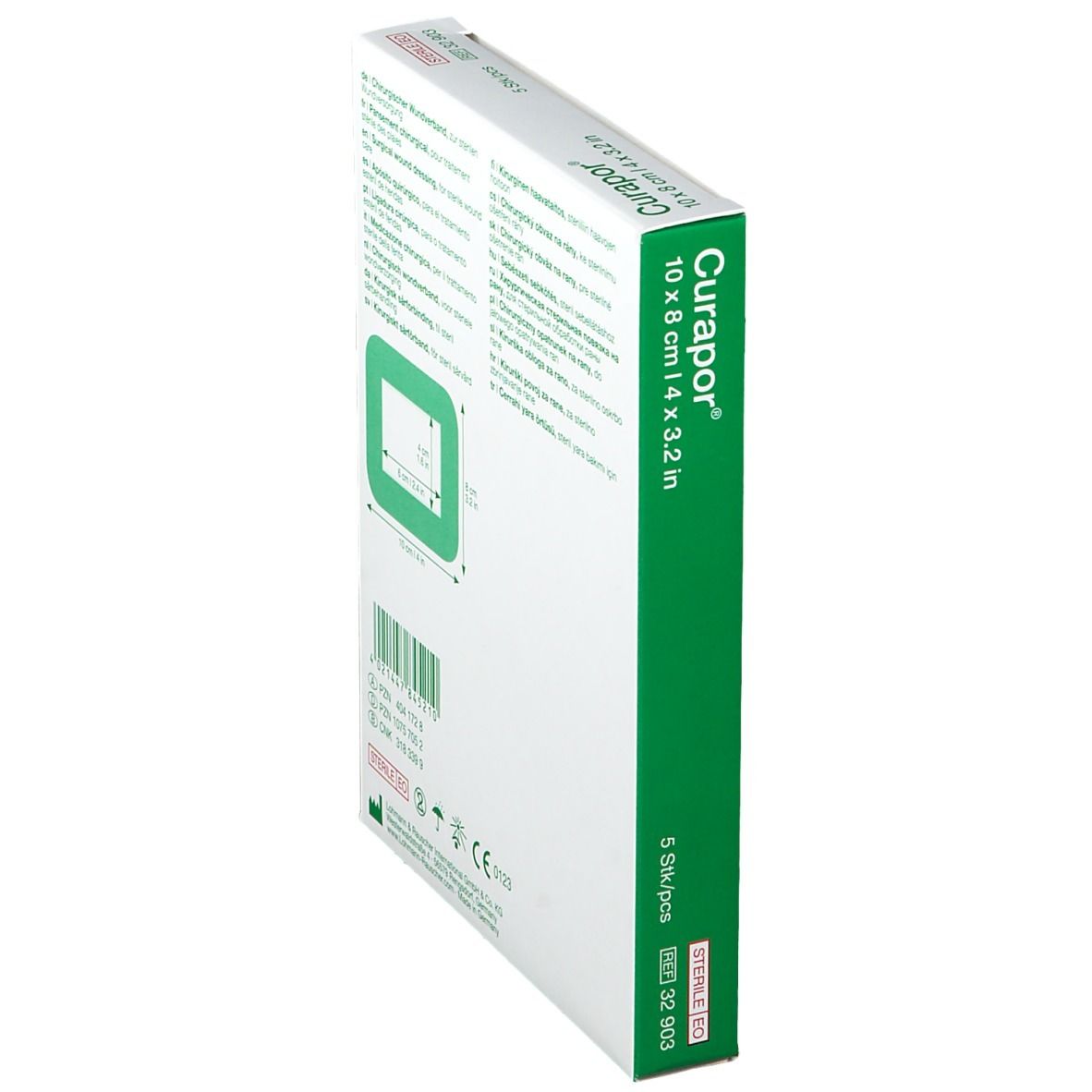 Zijaanzicht van Curapor® verpakking. Opschrift: 10 x 8 cm, steriel.