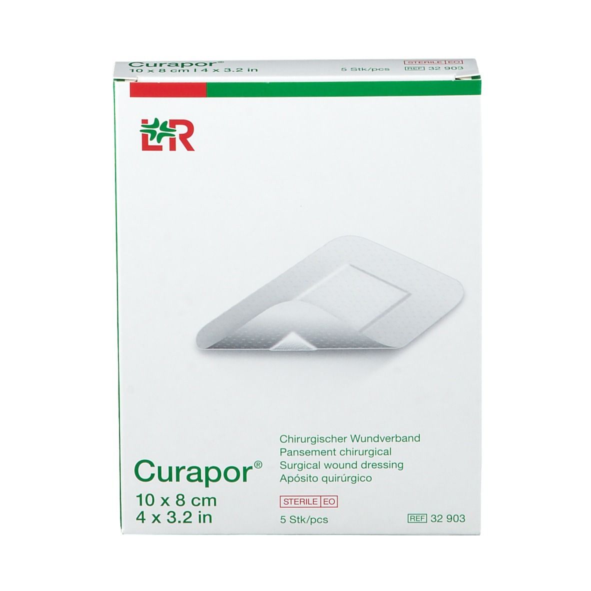 Verpakking van Curapor® wondverband. Wit verband. Afmeting: 10 x 8 cm. Steriel.