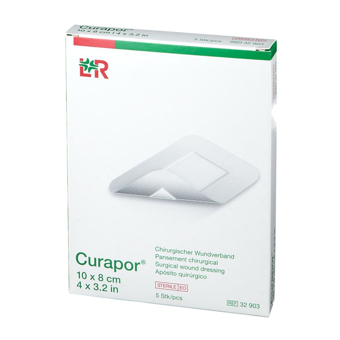 Verpakking van Curapor® wondverband. Wit verband. Afmeting: 10 x 8 cm. Steriel.