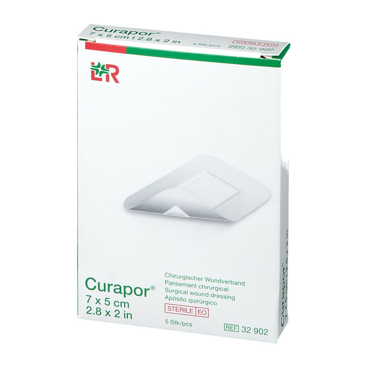 Pansement Curapor 7 x 5 cm, stérile. Emballage et produit partiellement ouvert.