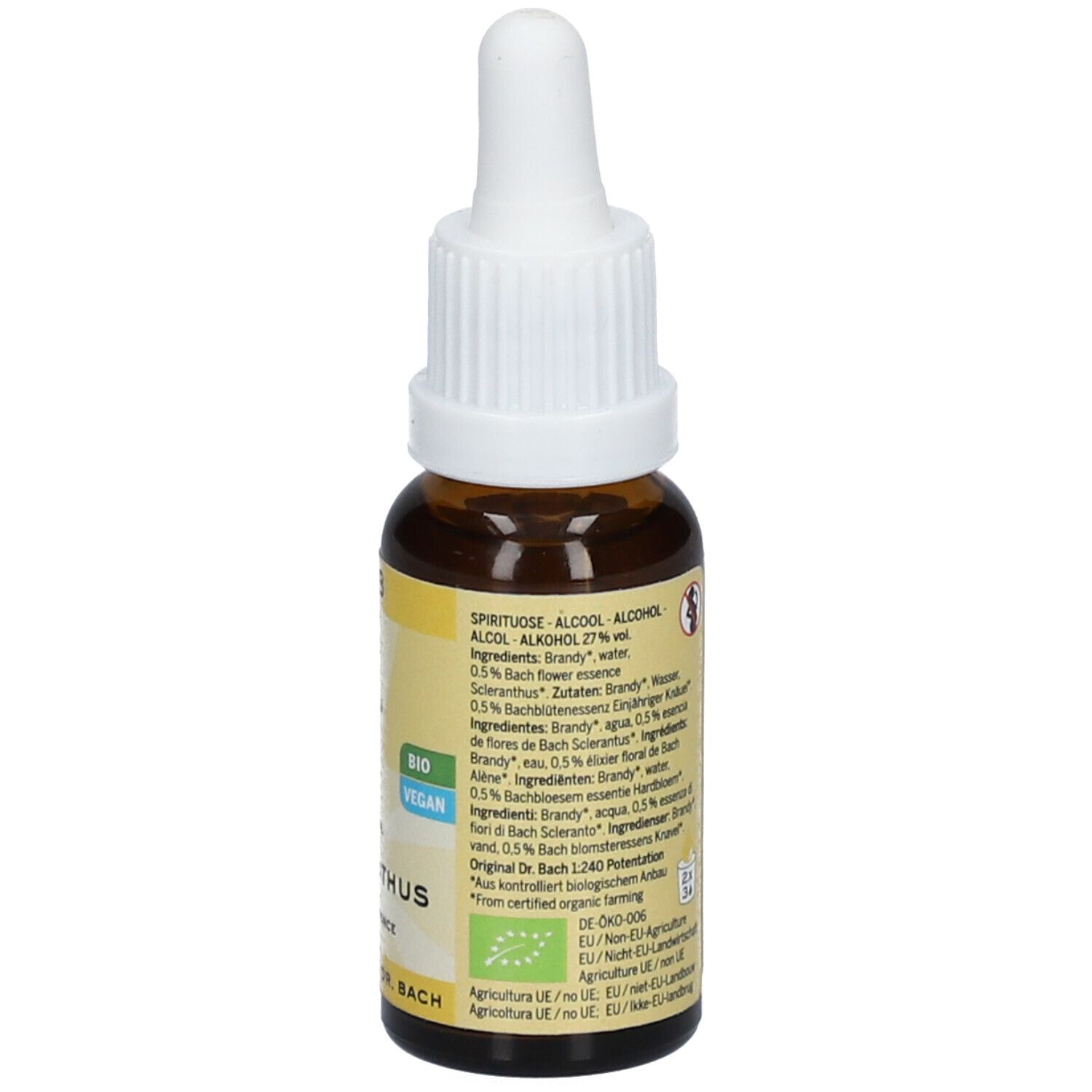 Braune Glasflasche mit weißem Tropfer. Etikett mit gelbem Hintergrund, Text: Scleranthus, Nr. 28, Lemon Pharma, Bio, Vegan.