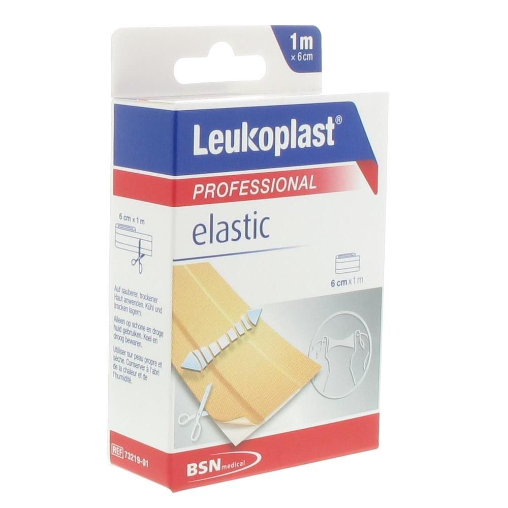 Emballage de Leukoplast Elastic. Boîte bleue et blanche avec indication de taille 6cm x 1m et illustration.