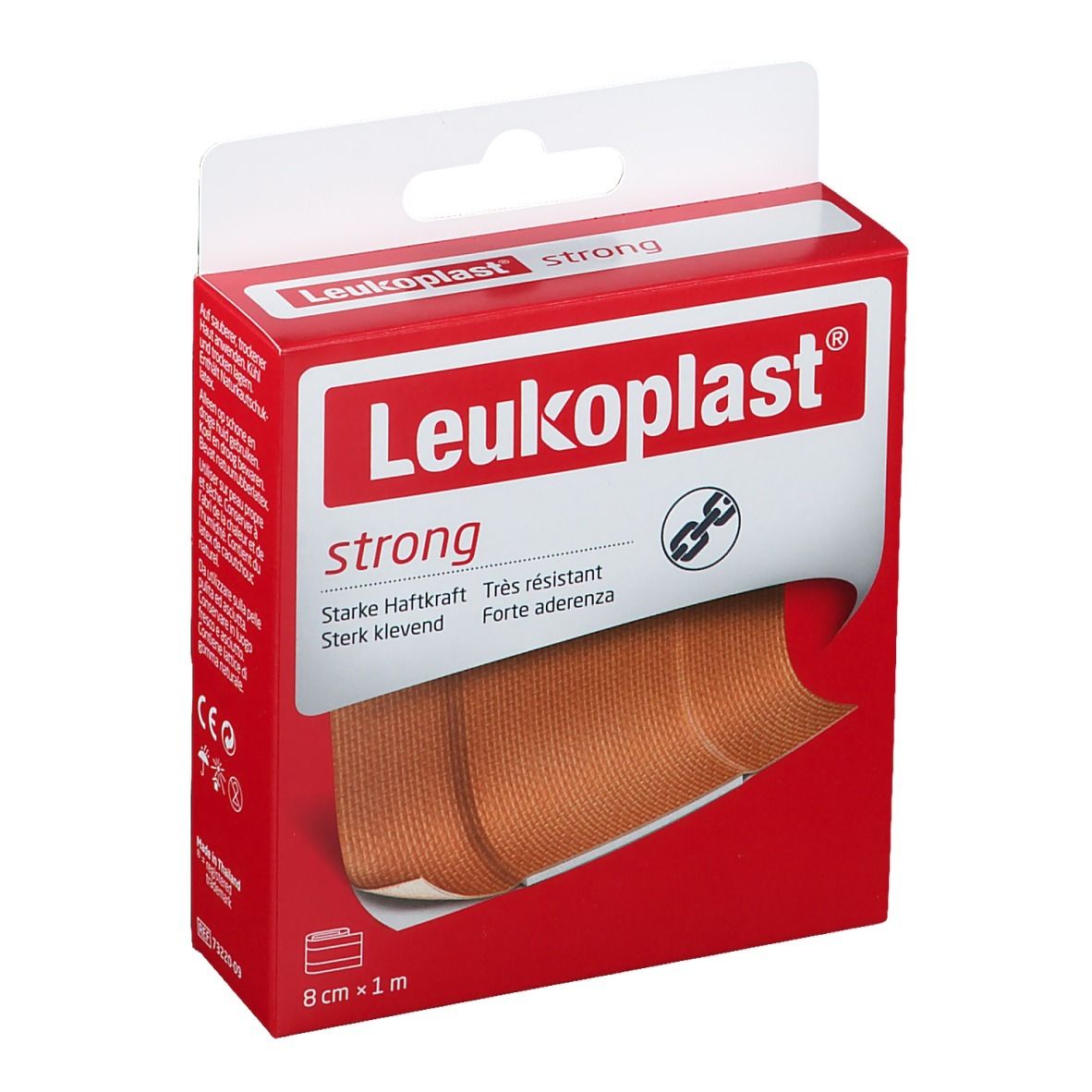 Emballage de Leukoplast® strong, 8 cm x 1 m. Boîte rouge et blanche avec nom du produit et bande visible.