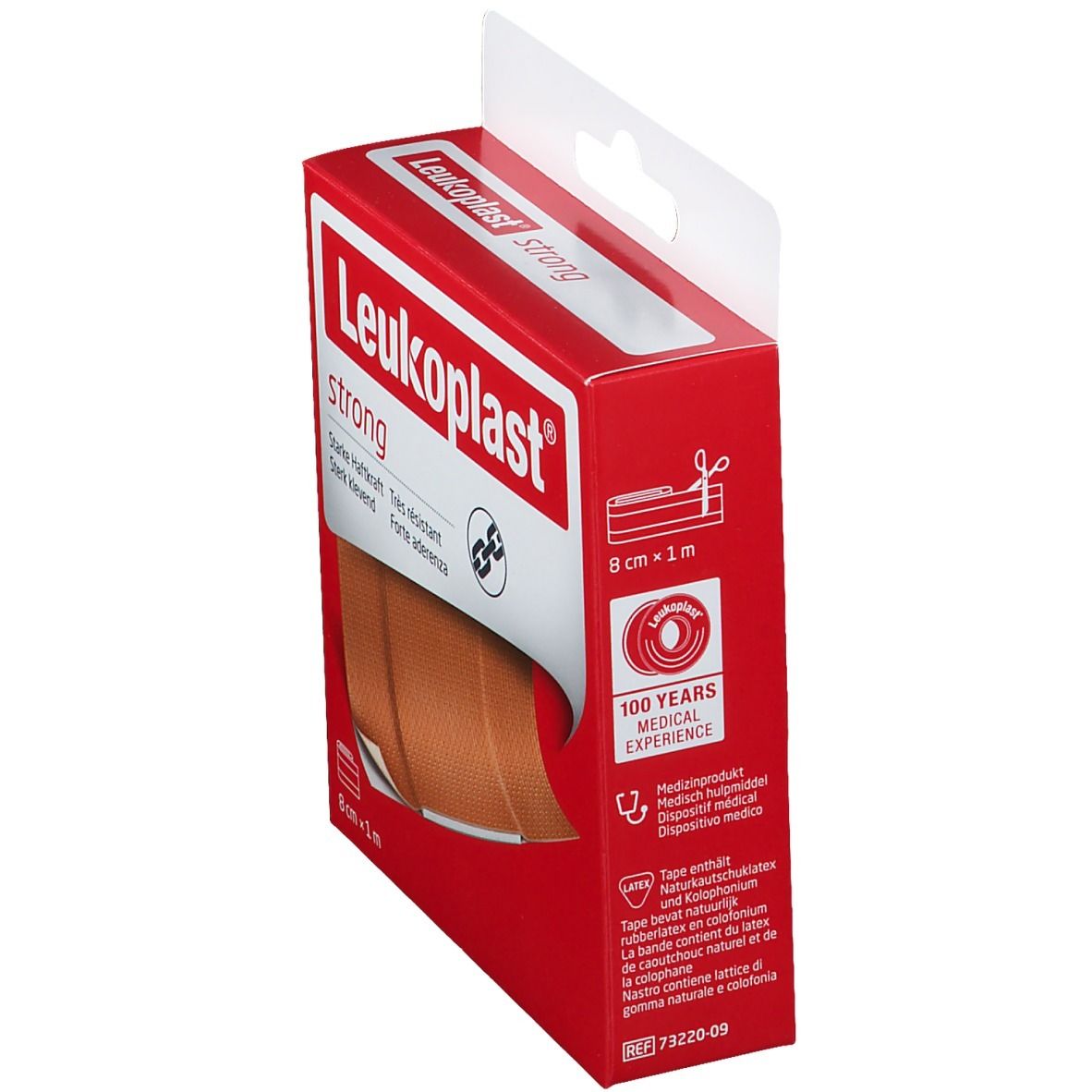 Emballage Leukoplast® strong, 8 cm x 1 m. Boîte rouge avec nom du produit, bande et indication de taille.